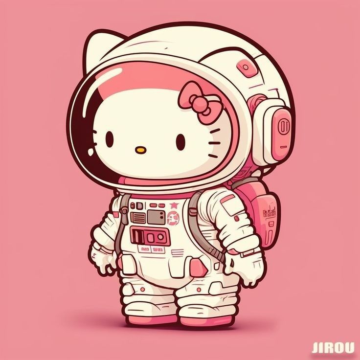 Hello Kitty character in astronaut suit on pink background