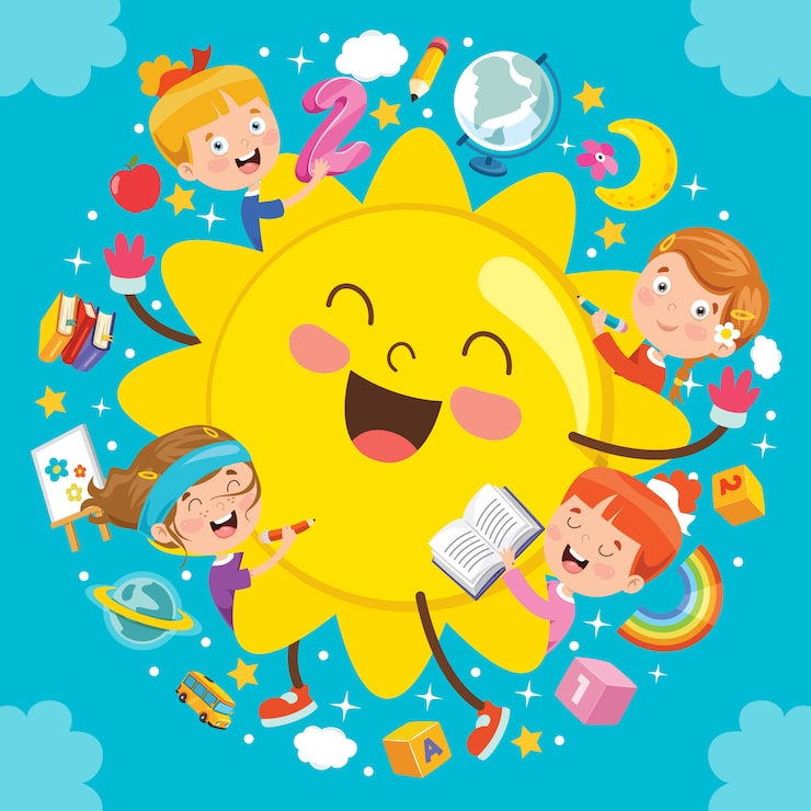 Cartoon children around a smiling yellow sun with books, stars, moon, and colorful school items