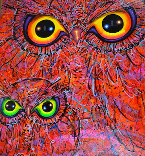 Colorful painting of two owls with large yellow and green eyes on a vivid red and orange textured background