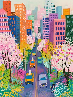 Colorful spring city street illustration with blooming trees, tall buildings, and cars