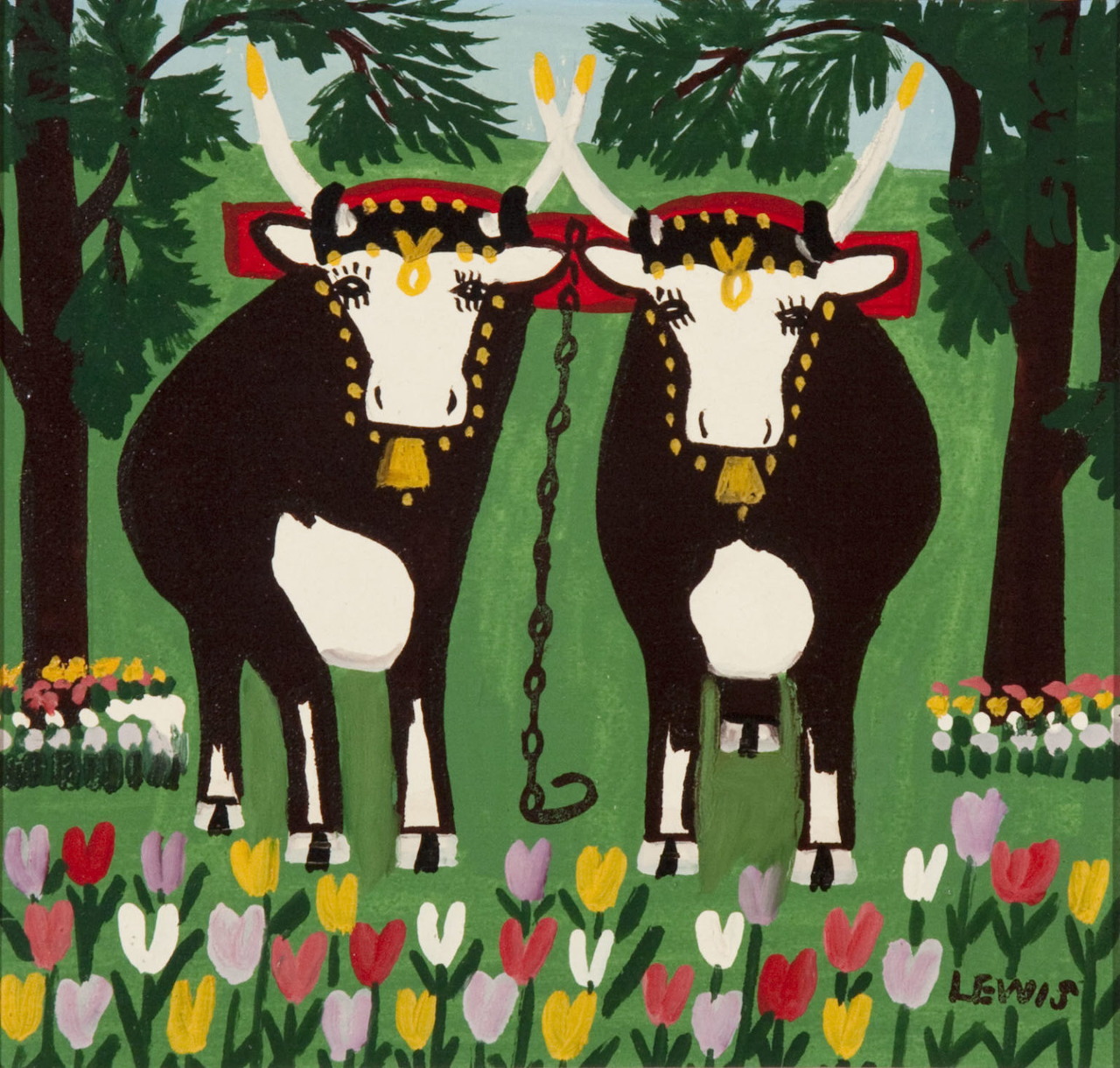 Folk art painting of two oxen with flower garlands standing among tulips and trees