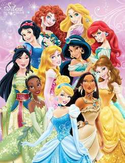 Group illustration of twelve Disney princess characters in their signature dresses on a pastel sparkly background