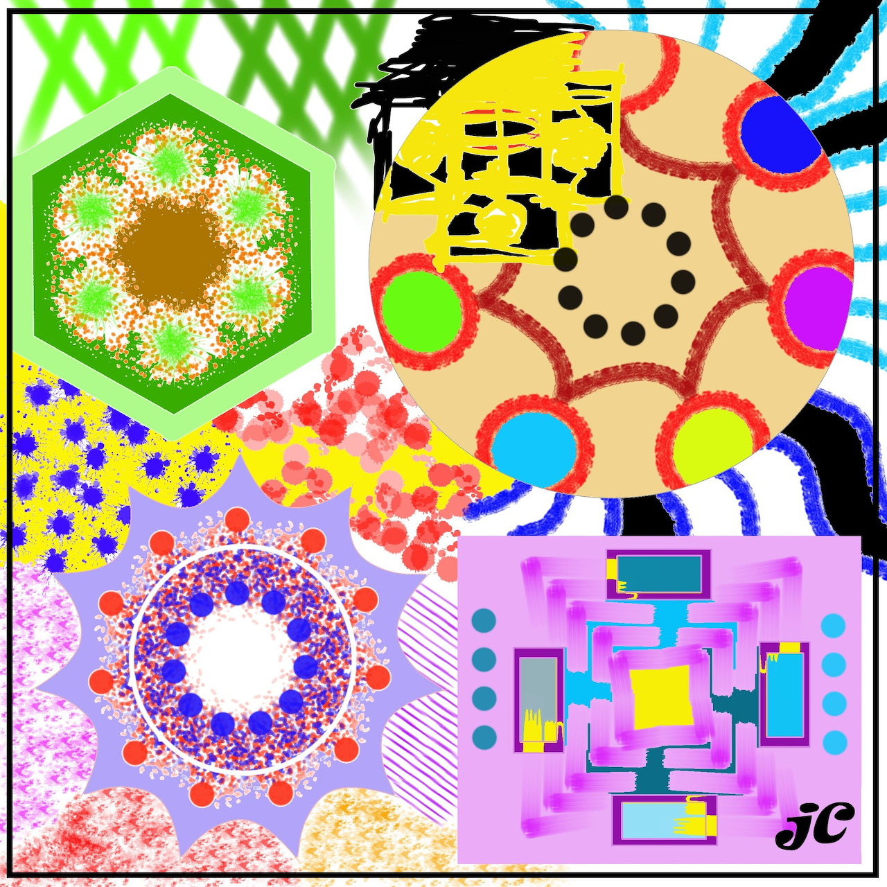 Colorful abstract art with geometric shapes, circles, dots and patterns in bright colors on white background