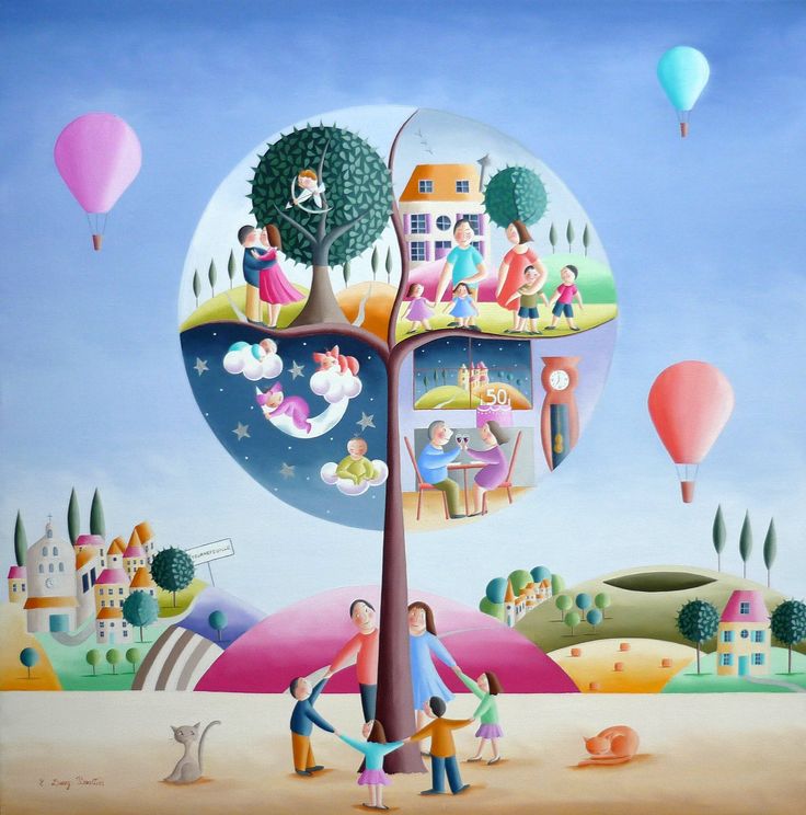 Colorful whimsical illustration of a tree with people, interior rooms, balloons, and a fantasy landscape
