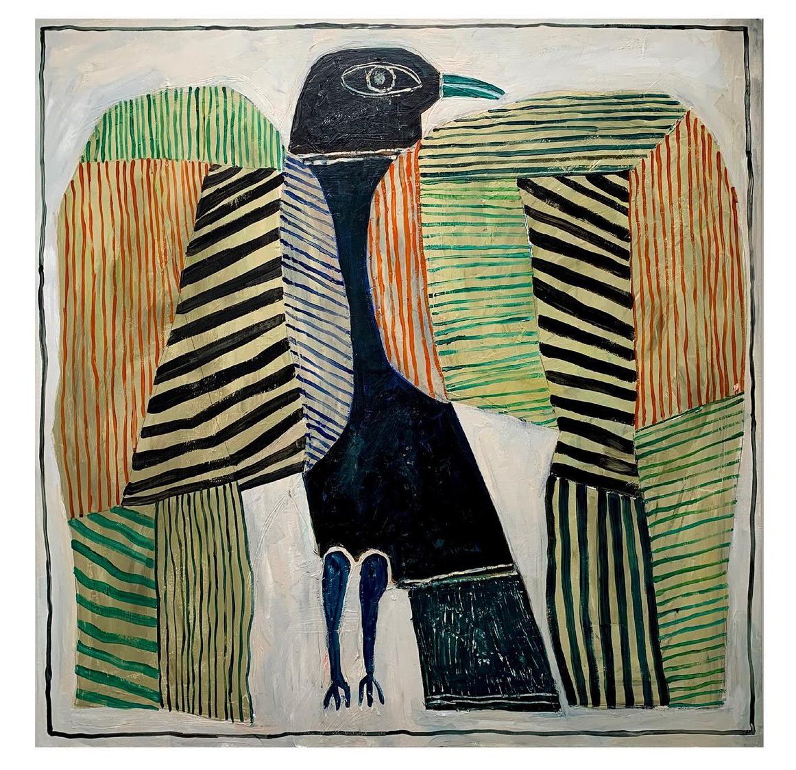 Abstract mixed media artwork showing a black bird with striped green, tan, and orange background panels