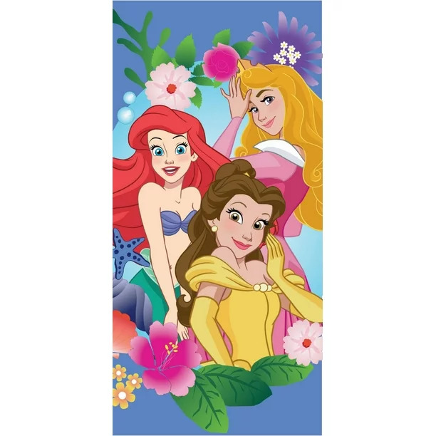 Disney princesses Ariel, Aurora, and Belle with flowers on blue background