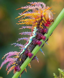 Colorful spiny caterpillar with purple body and yellow-white spines on green stem