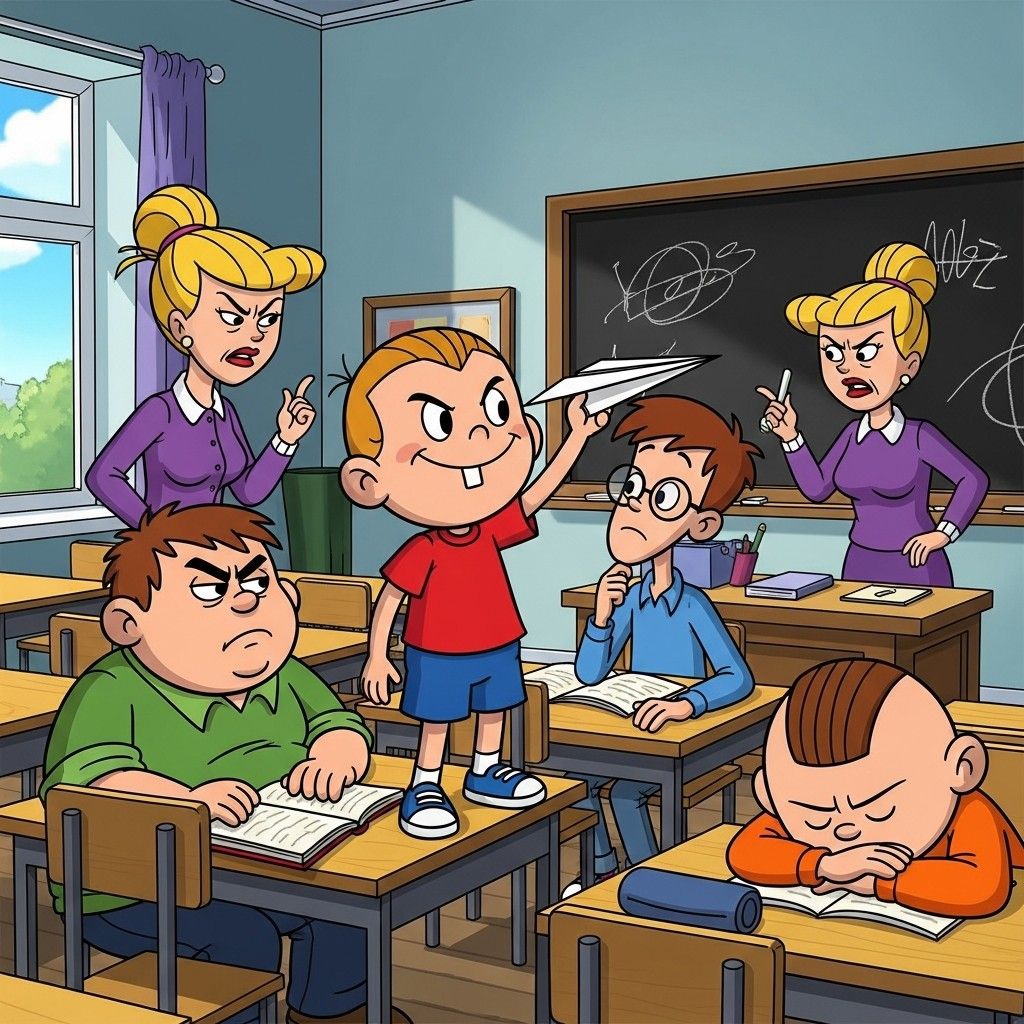 Cartoon classroom with students sitting at desks and teacher standing by blackboard