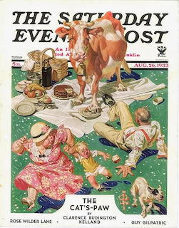 1933 Saturday Evening Post cover showing children at outdoor picnic with cow
