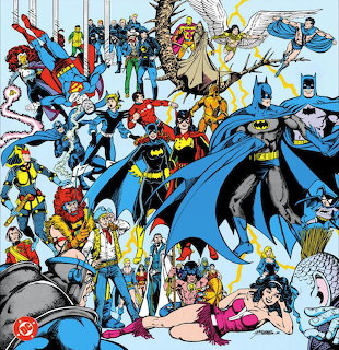 Collage of DC Comics superheroes including Batman, Batgirl, and other characters in comic book art style