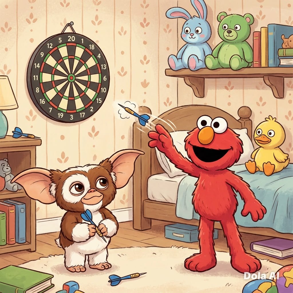 Elmo and Gizmo from Gremlins standing together in a playful cartoon room with toys and dartboard