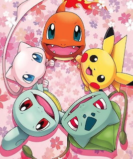 Cute Pokemon characters including Pikachu and Charmander arranged in a group illustration with pink flowers