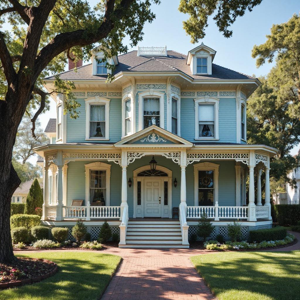 Pale blue Victorian mansion with white trim, wraparound porches, and ornate architectural details on green lawn