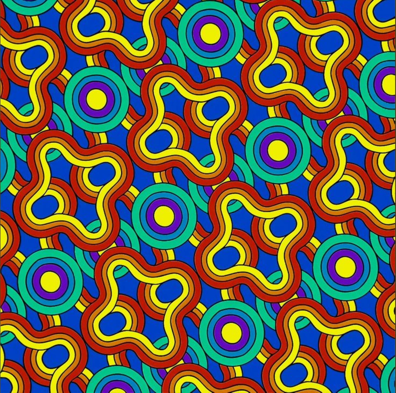 Colorful abstract pattern of repeating circles and clover shapes
