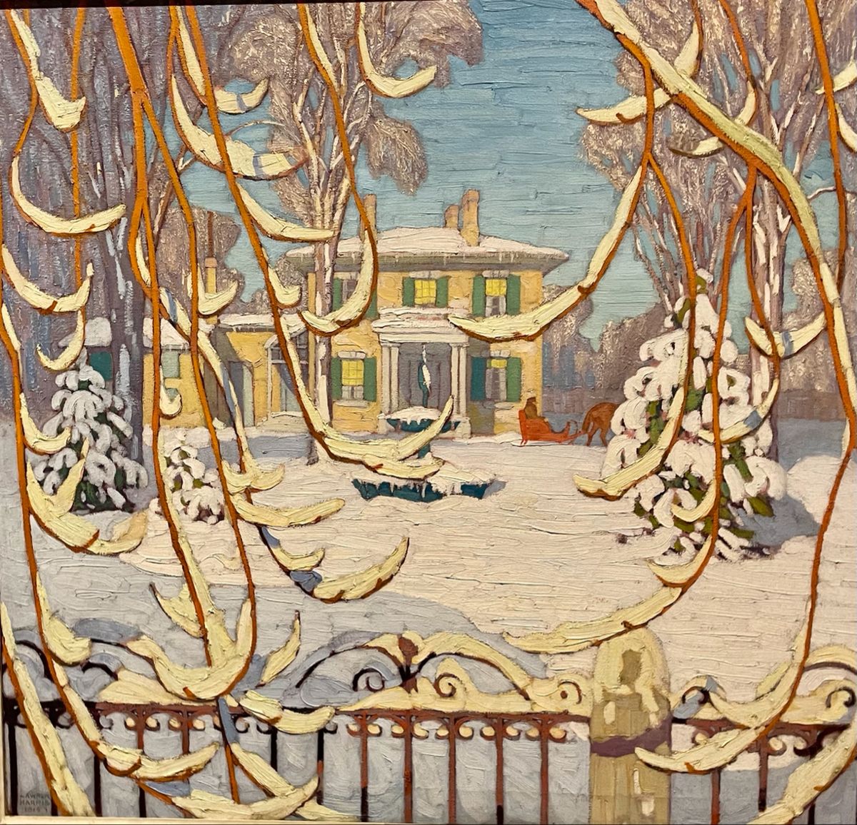 Painting of a snow-covered house seen through bare branches and a fence