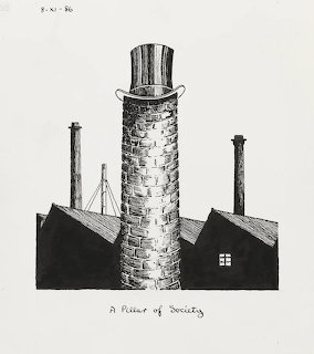 Surrealist drawing of a brick chimney wearing a top hat above industrial rooftops