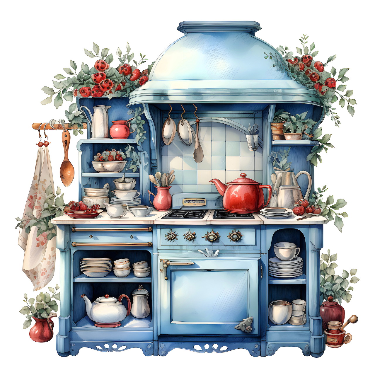 Illustrated rustic blue kitchen cabinet and stove with dishes, pots, and flowers