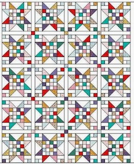 Geometric quilt pattern with colorful star blocks arranged in a grid