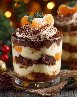 Layered chocolate trifle in glass with cream, cake, and clementine garnish on wooden board with Christmas lights