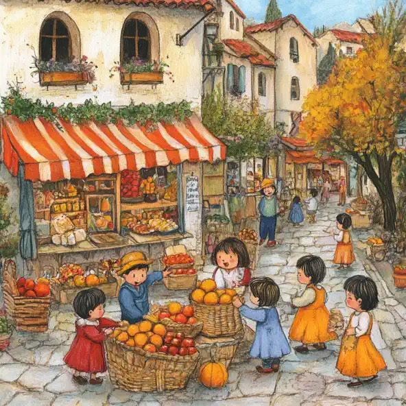 Illustration of children at a village fruit market with baskets, a striped awning, and old houses