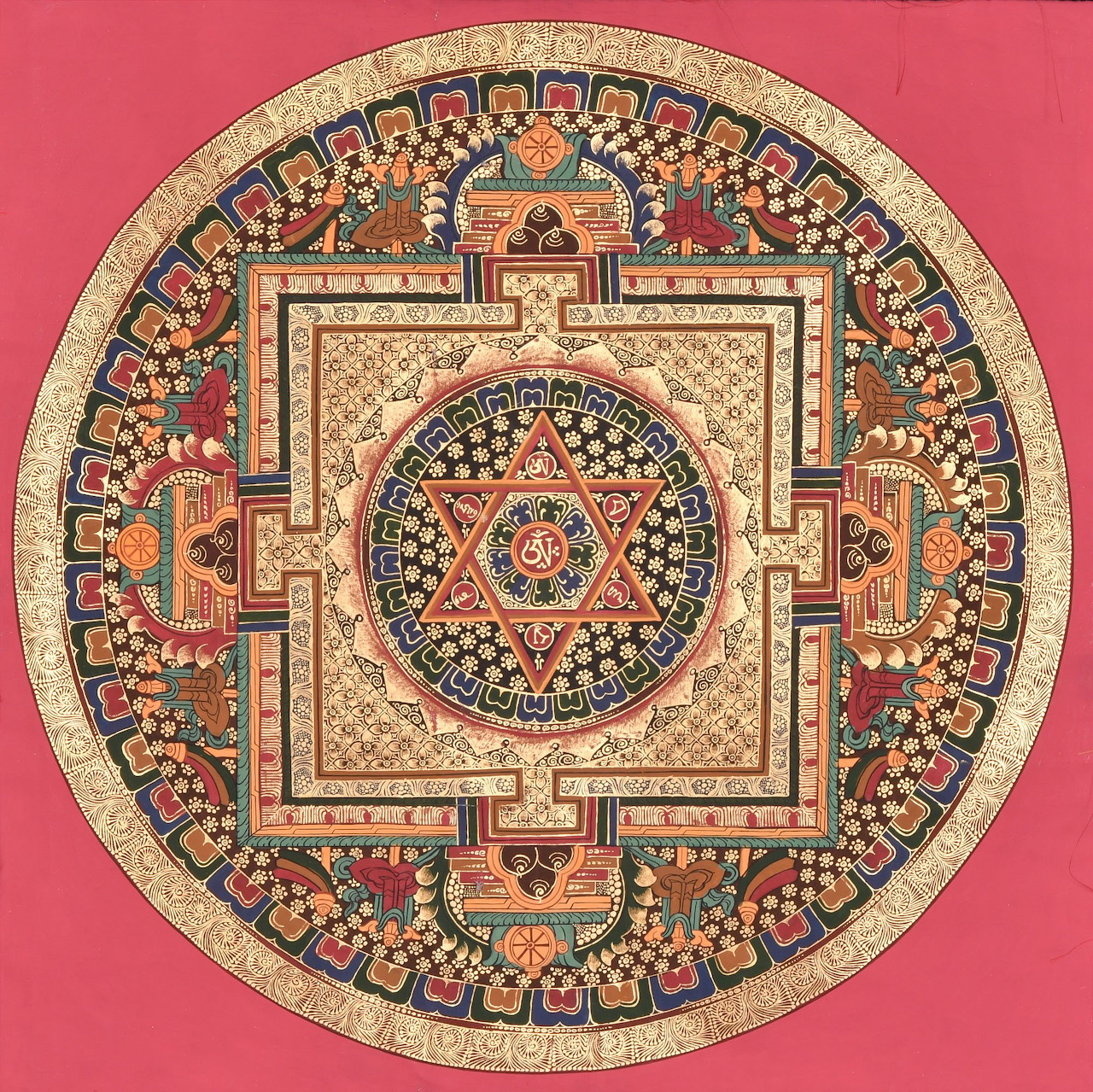 Detailed Tibetan Buddhist mandala with geometric patterns and concentric circles in beige, coral, and turquoise