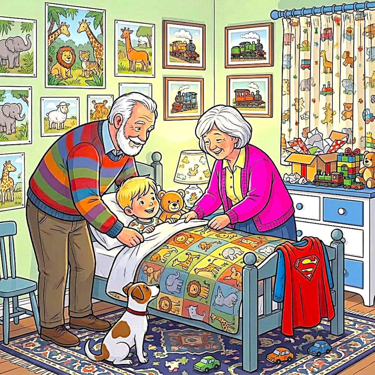 Elderly couple helping young child with jigsaw puzzle in cozy room with cat