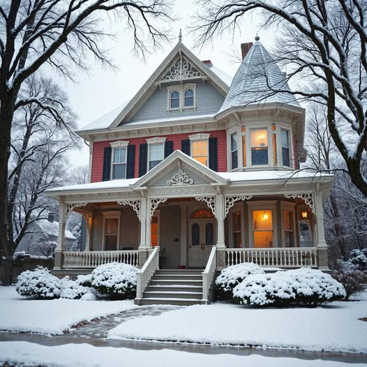 Snow-covered Victorian house with lit windows, porch, and bare trees at dusk