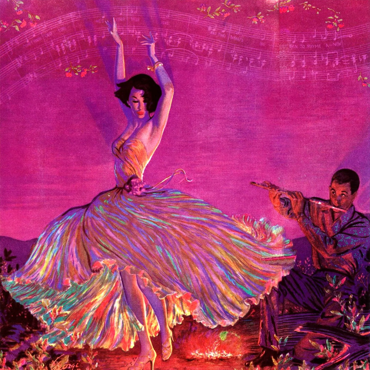 Colorful painting of a dancer in a swirling dress beside a seated guitarist