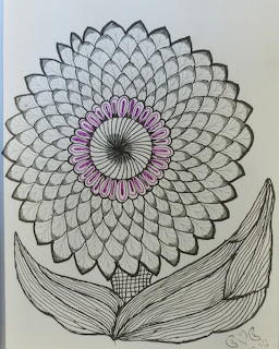Black and white ink drawing of a dahlia flower with purple center details and two leaves