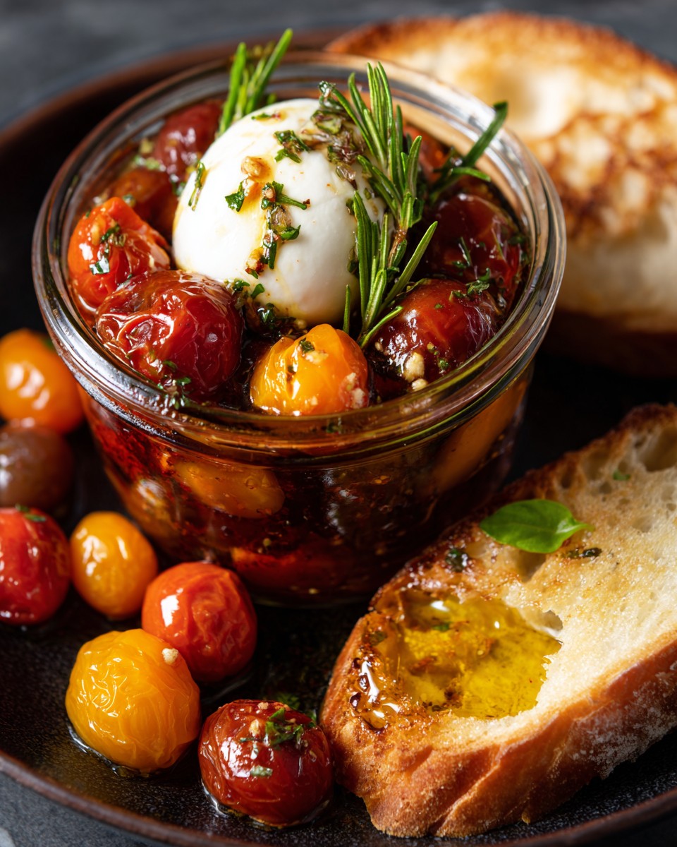 Glass jar of roasted cherry tomatoes topped with burata and rosemary, served with toasted bread on a dark plate