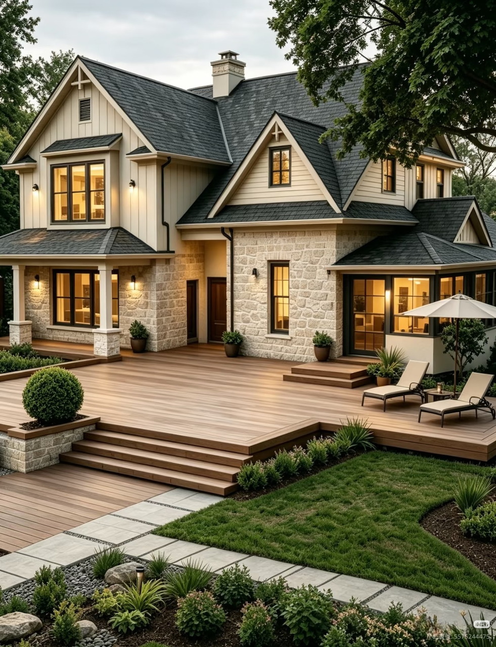 Elegant craftsman house with stone facade, wide wooden deck, lounge chairs, and manicured garden at twilight