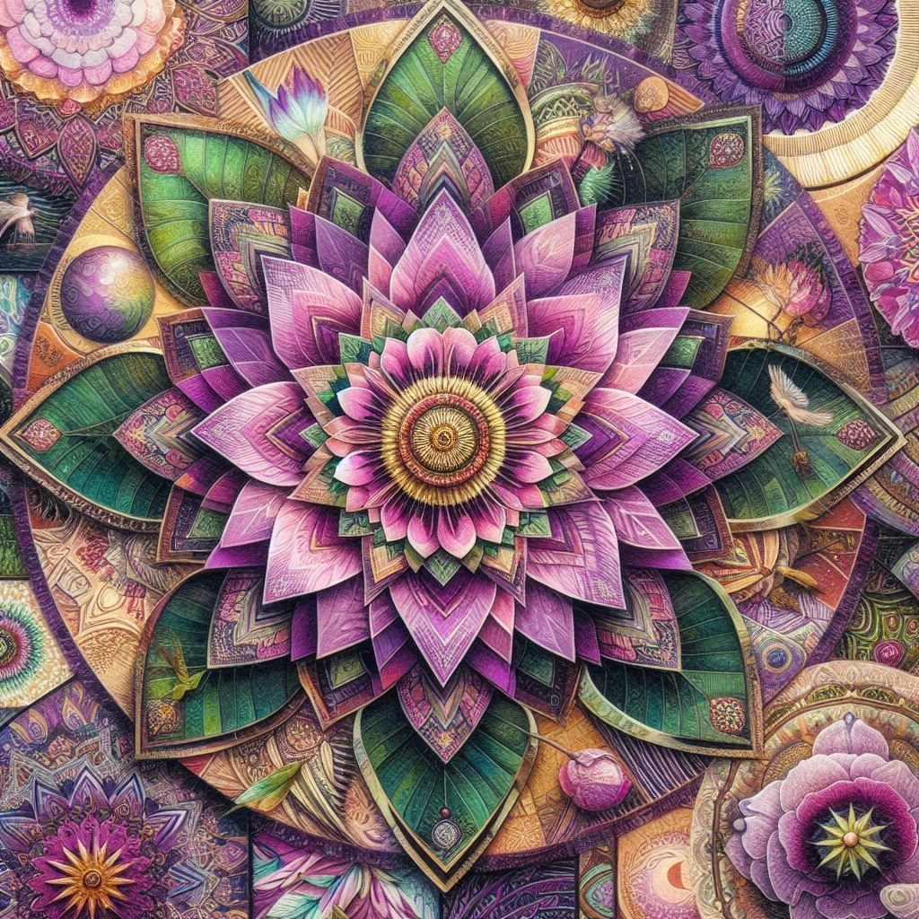 Detailed mandala with pink lotus flower center, purple and green petals, ornate decorative background patterns