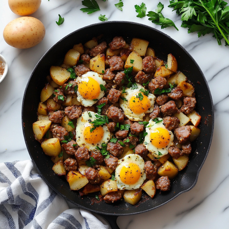 Overhead view of sausage hash with potatoes, apples, and fried eggs in a black skillet