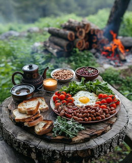 Breakfast platter with fried egg, beans, tomatoes, and bread on wooden board outdoors near campfire