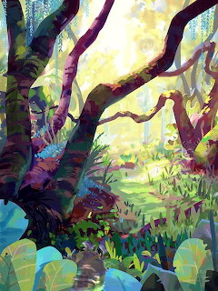 Illustration of fantasy forest with large twisted colorful trees and magical glowing atmosphere