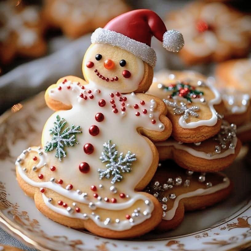 Decorated gingerbread man cookies with white icing, snowflake designs, and a red Santa hat on an ornate plate