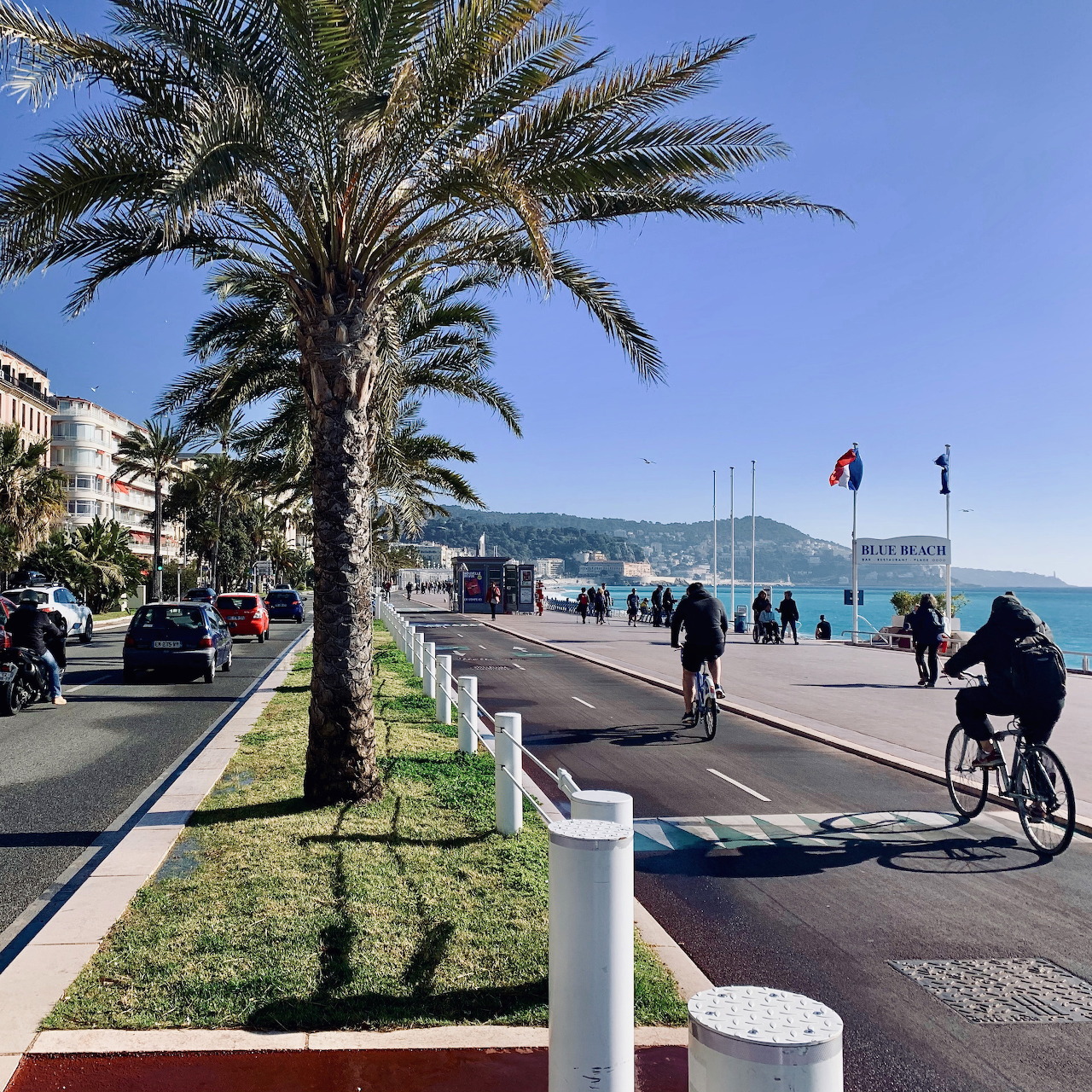 Coastal promenade with palm trees, cyclists, and people walking by the Mediterranean Sea