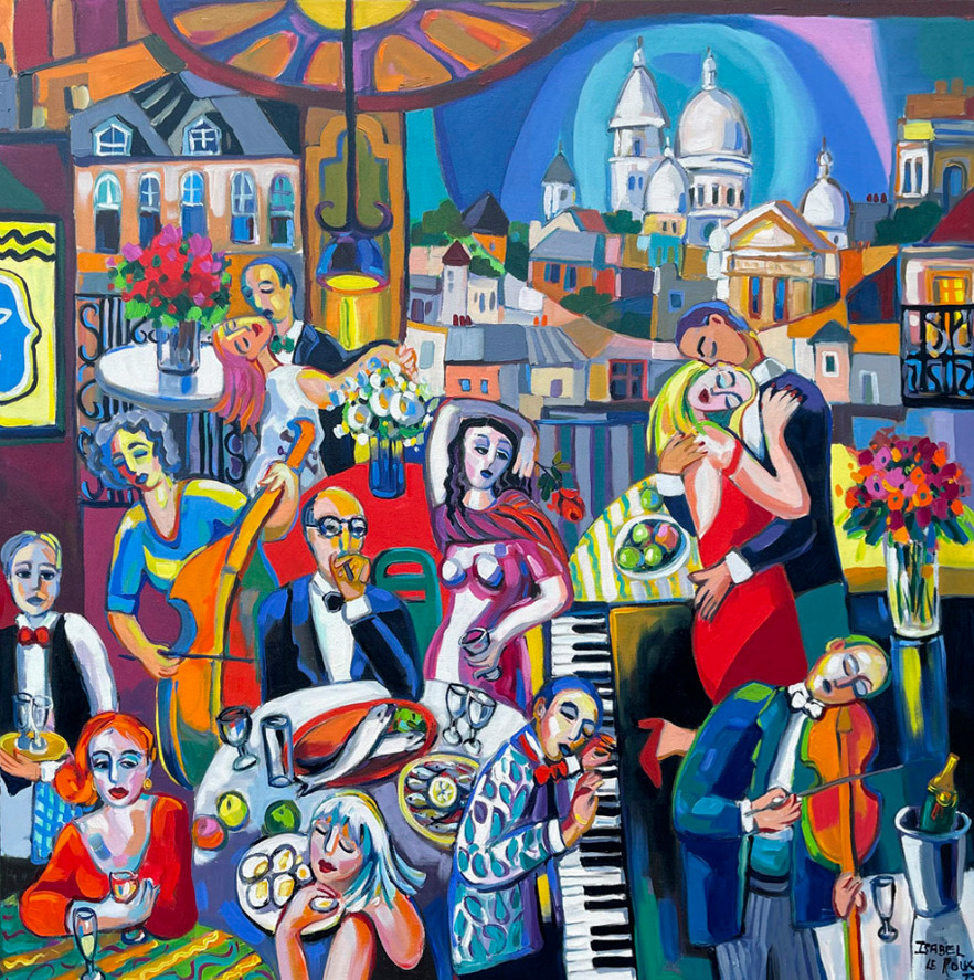 Colorful painting of musicians and dancers at a Parisian café with Sacré-Cœur in the background