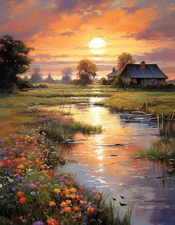Sunset over a stream near a rustic cottage with colorful wildflowers in the foreground