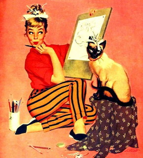 Vintage illustration of a seated woman with a Siamese cat, sketchboard, and paintbrushes