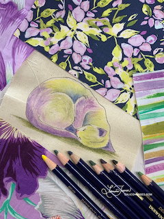 Painted cat on fabric with art supplies and floral textiles