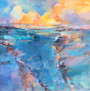 Abstract acrylic painting of coastal waters at sunset with turquoise sea, light reflections, and vibrant orange-purple sky