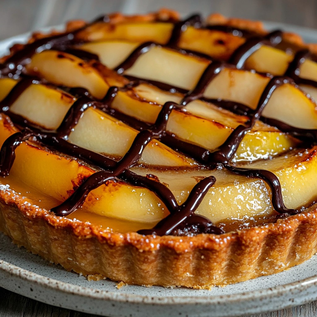 Pear tart with chocolate lattice drizzle on fluted golden crust