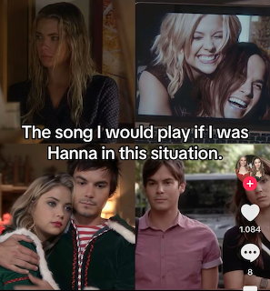 Four-panel Pretty Little Liars meme with scenes of characters and text about Hanna