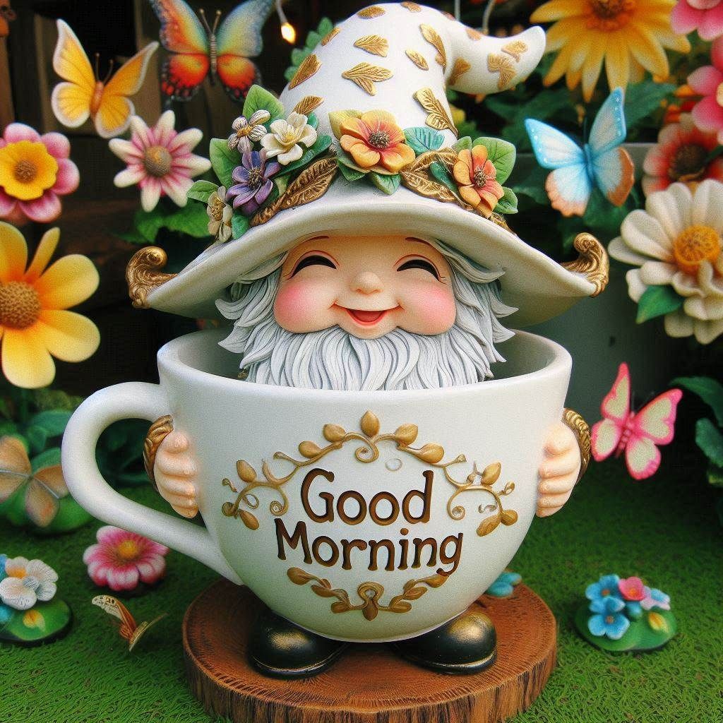 Smiling gnome in a white teacup with flowers and butterflies around it
