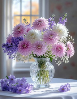Pink and white chrysanthemums with purple lavender in glass vase near window