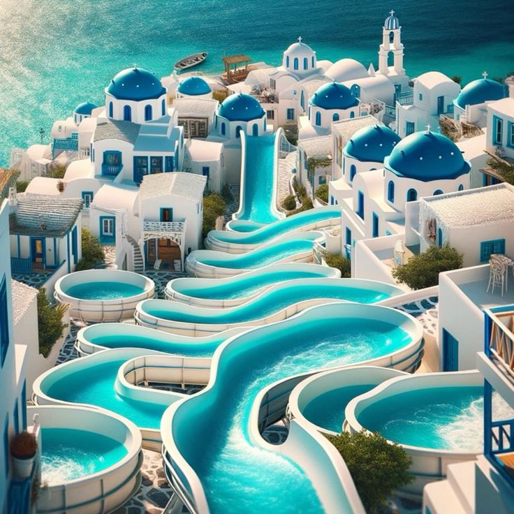 Whimsical waterslides winding through white Greek-style architecture with blue-domed roofs and vibrant turquoise pools