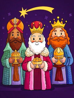 Three kings in robes and crowns holding gifts under a shining star