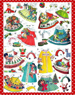 Vintage Christmas paper doll dresses and accessories with holiday motifs on white background