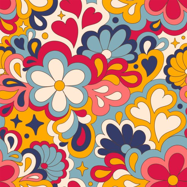 Colorful retro floral pattern with stylized flowers and swirls in bright red, yellow, blue, and pink
